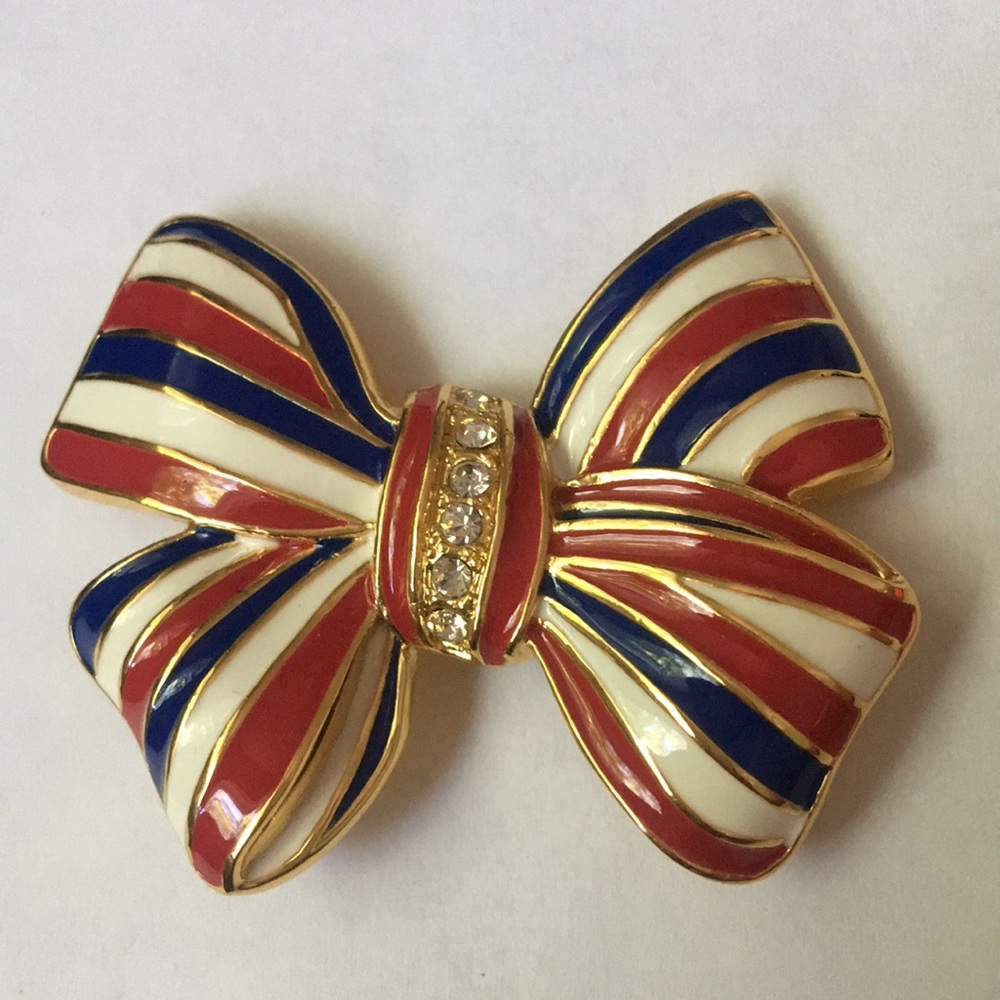 Joan Rivers Patriotic Red White Blue Bow Brooch